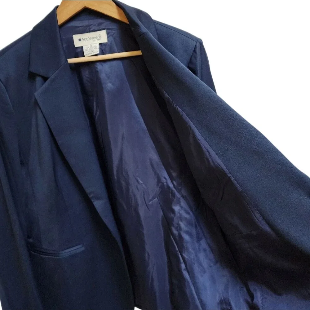 Appleseeds Navy 100% Wool Blazer Women Sz 18 Button Sheen Preppy Classic Vintage